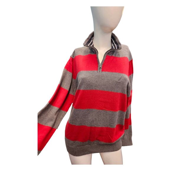 Nautica Other - Nautica Red Gray Striped Quarter Zip Sweater Men's Size Large Cotton